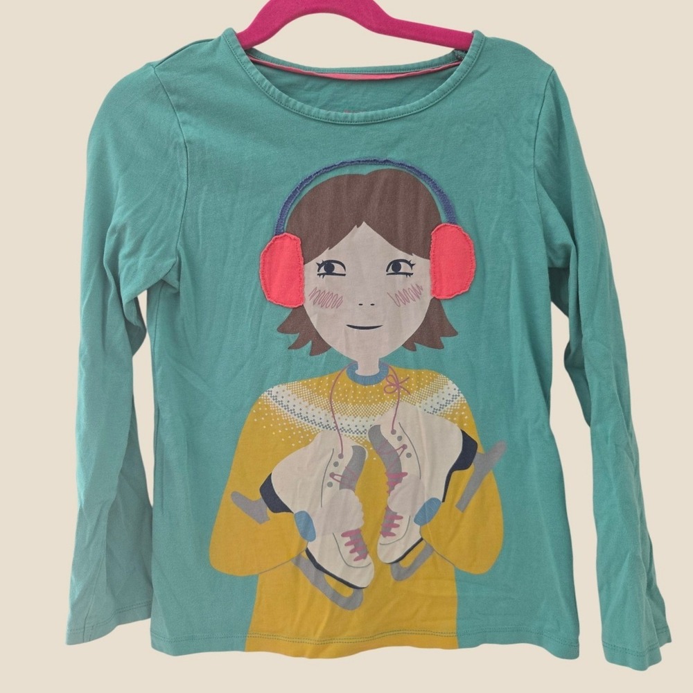 Mini Boden Girls Teal Ice Skater Graphic Long Sleeve Shirt 7-8Y Cotton
